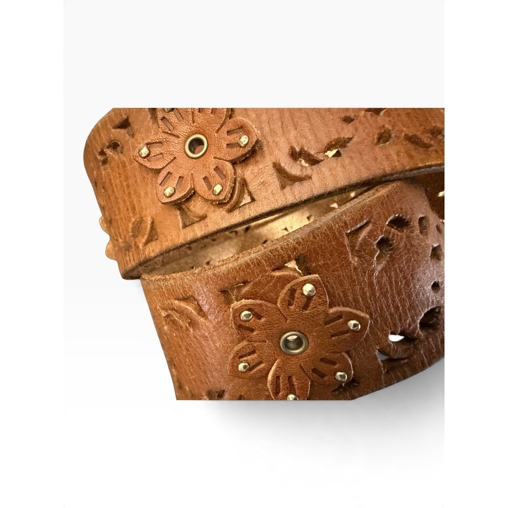 Express Womens M 31-33 Brown Leather Wide Floral Cutout Belt w/ Buckle - Picture 4 of 6
